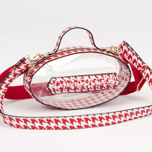Red & White Houndstooth Football Shaped Transparent Crossbody Bag M H W ACCESSORIES LLC Red & White Houndstooth Football Shaped Transparent Crossbody Bag