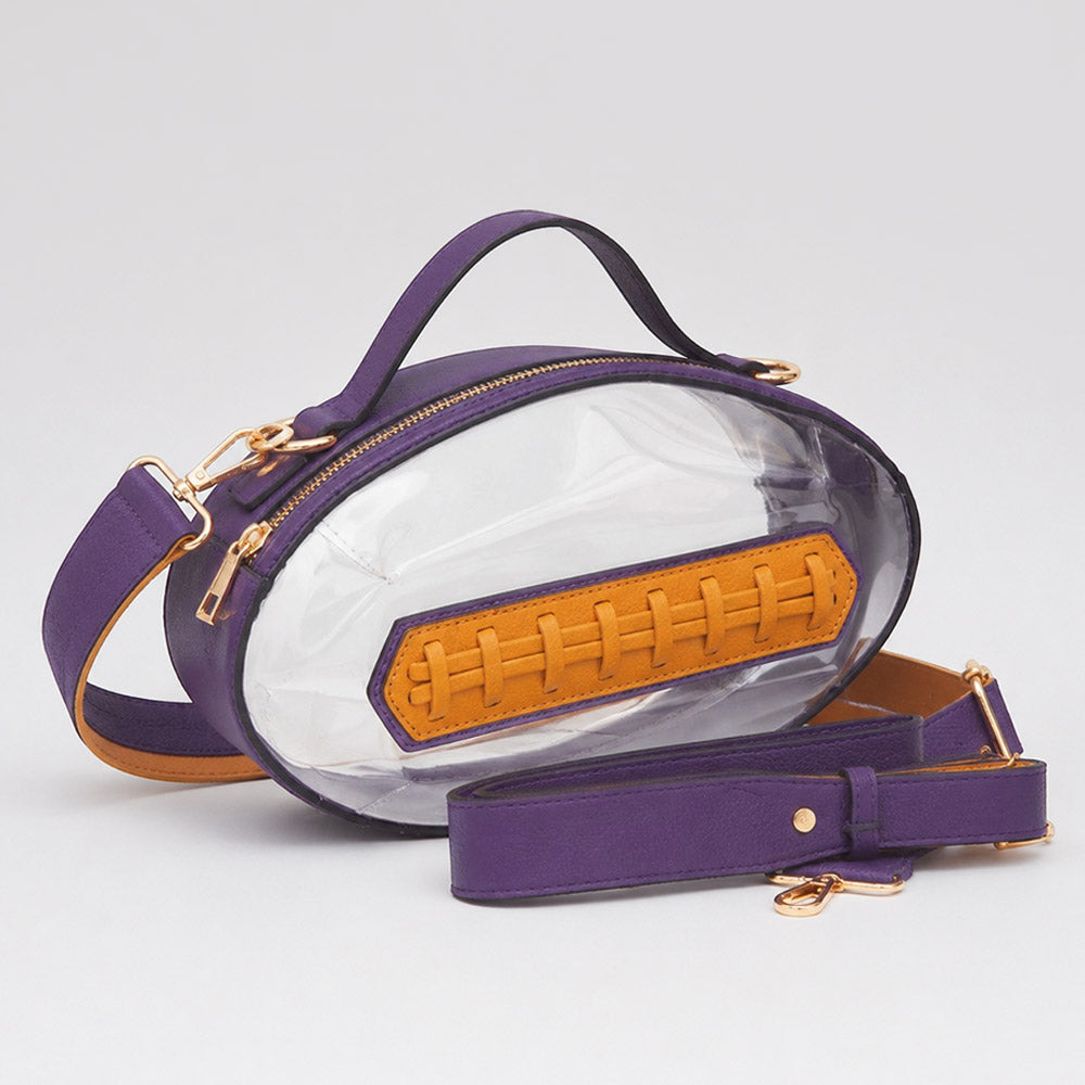 Purple & Gold Football Shaped Transparent Crossbody Bag M H W ACCESSORIES LLC Purple & Gold Football Shaped Transparent Crossbody Bag
