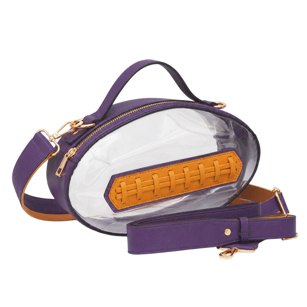 Purple & Gold Football Shaped Transparent Crossbody Bag M H W ACCESSORIES LLC Purple & Gold Football Shaped Transparent Crossbody Bag