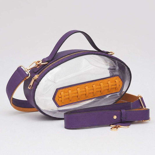 Purple & Gold Football Shaped Transparent Crossbody Bag M H W ACCESSORIES LLC Purple & Gold Football Shaped Transparent Crossbody Bag