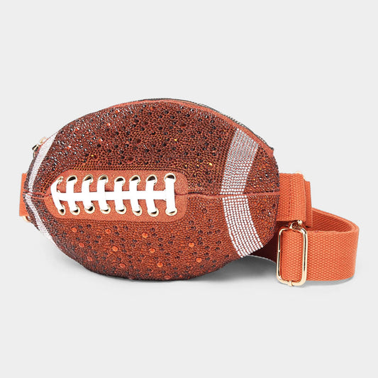 Brown Bling Studded Game Day Football Shape Fanny Pack Sling Bag