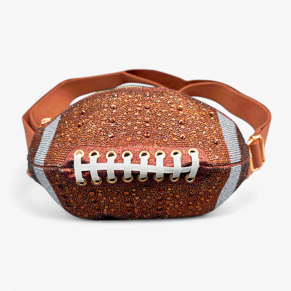 Brown Bling Studded Game Day Football Shape Fanny Pack Sling Bag