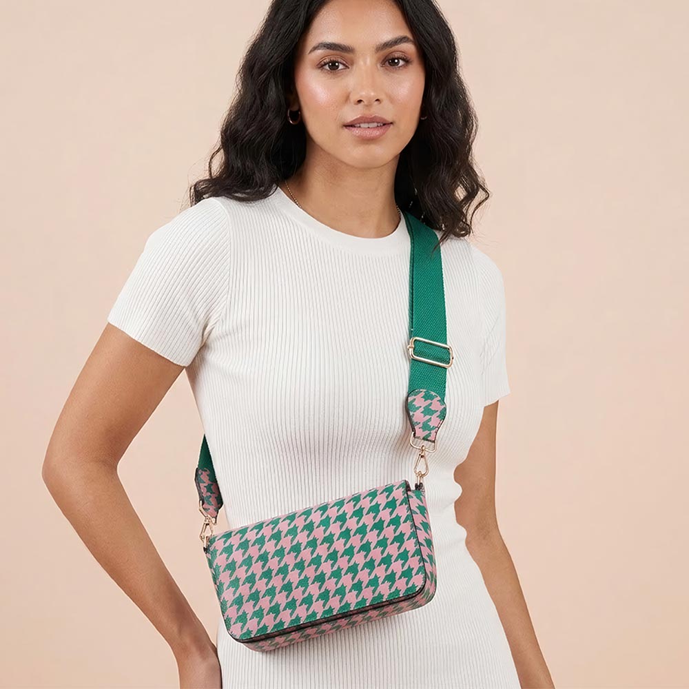 Pink & Green Faux Leather Houndstooth MINI BAG Message Structured Crossbody Bag M H W ACCESSORIES LLC Pink & Green Faux Leather Houndstooth MINI BAG Message Structured Crossbody Bag
