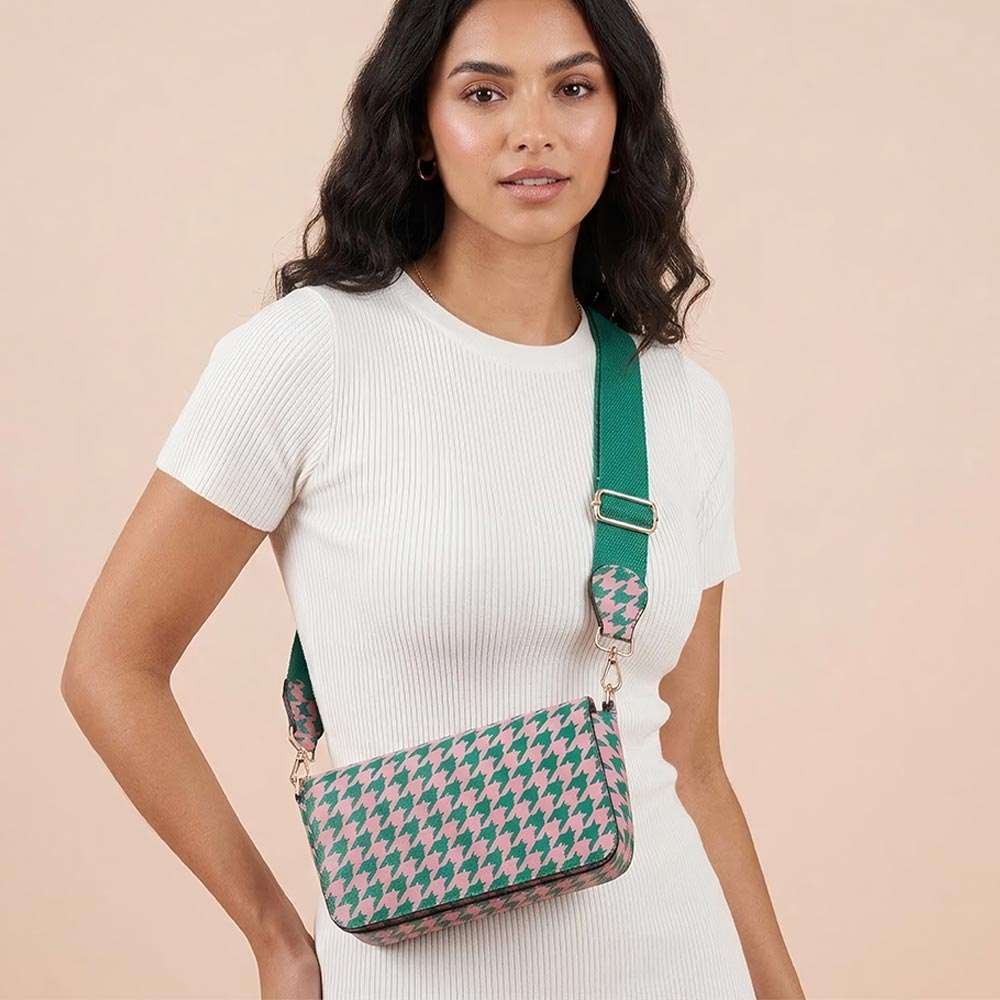 Pink & Green Faux Leather Houndstooth MINI BAG Message Structured Crossbody Bag M H W ACCESSORIES LLC Pink & Green Faux Leather Houndstooth MINI BAG Message Structured Crossbody Bag