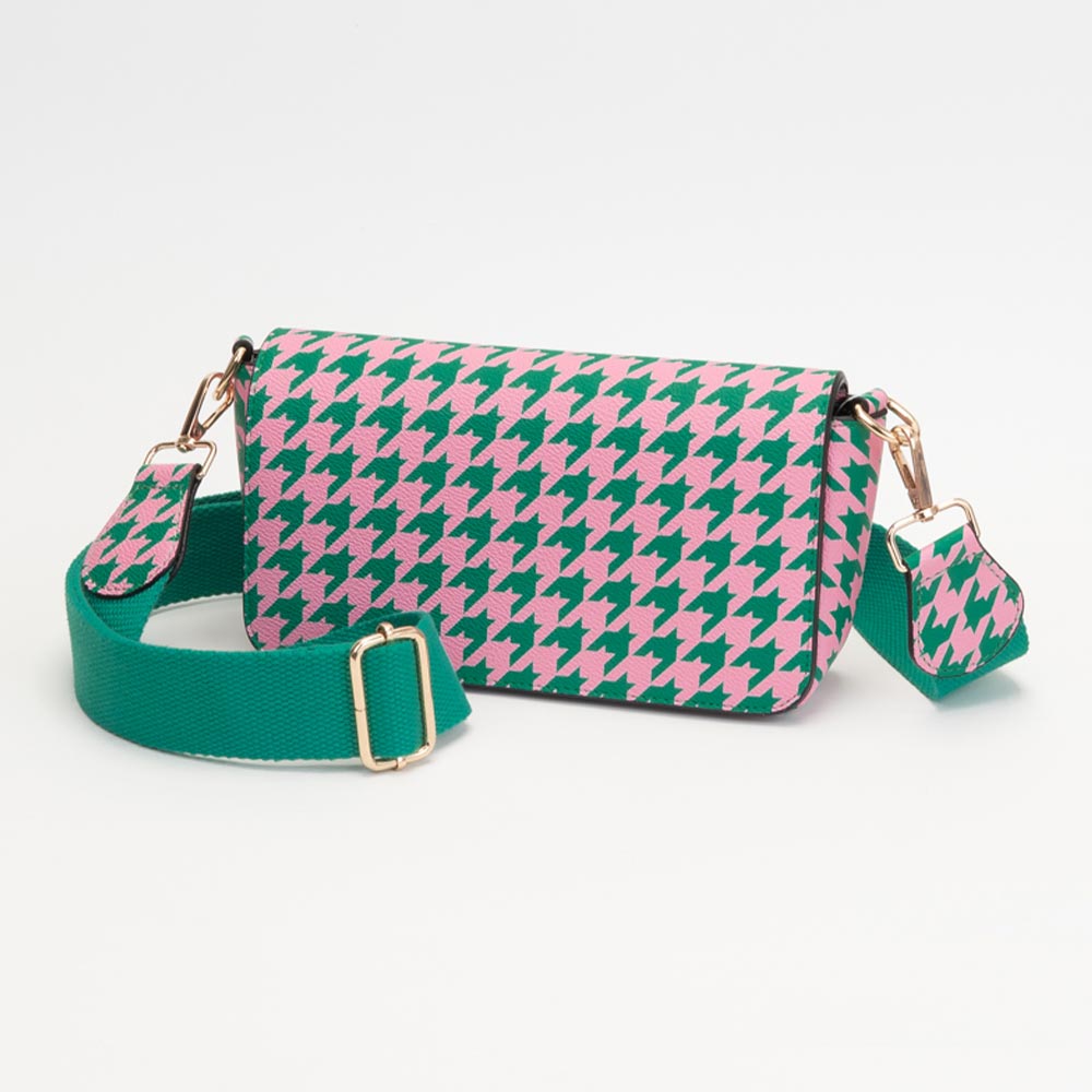 Pink & Green Faux Leather Houndstooth MINI BAG Message Structured Crossbody Bag M H W ACCESSORIES LLC Pink & Green Faux Leather Houndstooth MINI BAG Message Structured Crossbody Bag