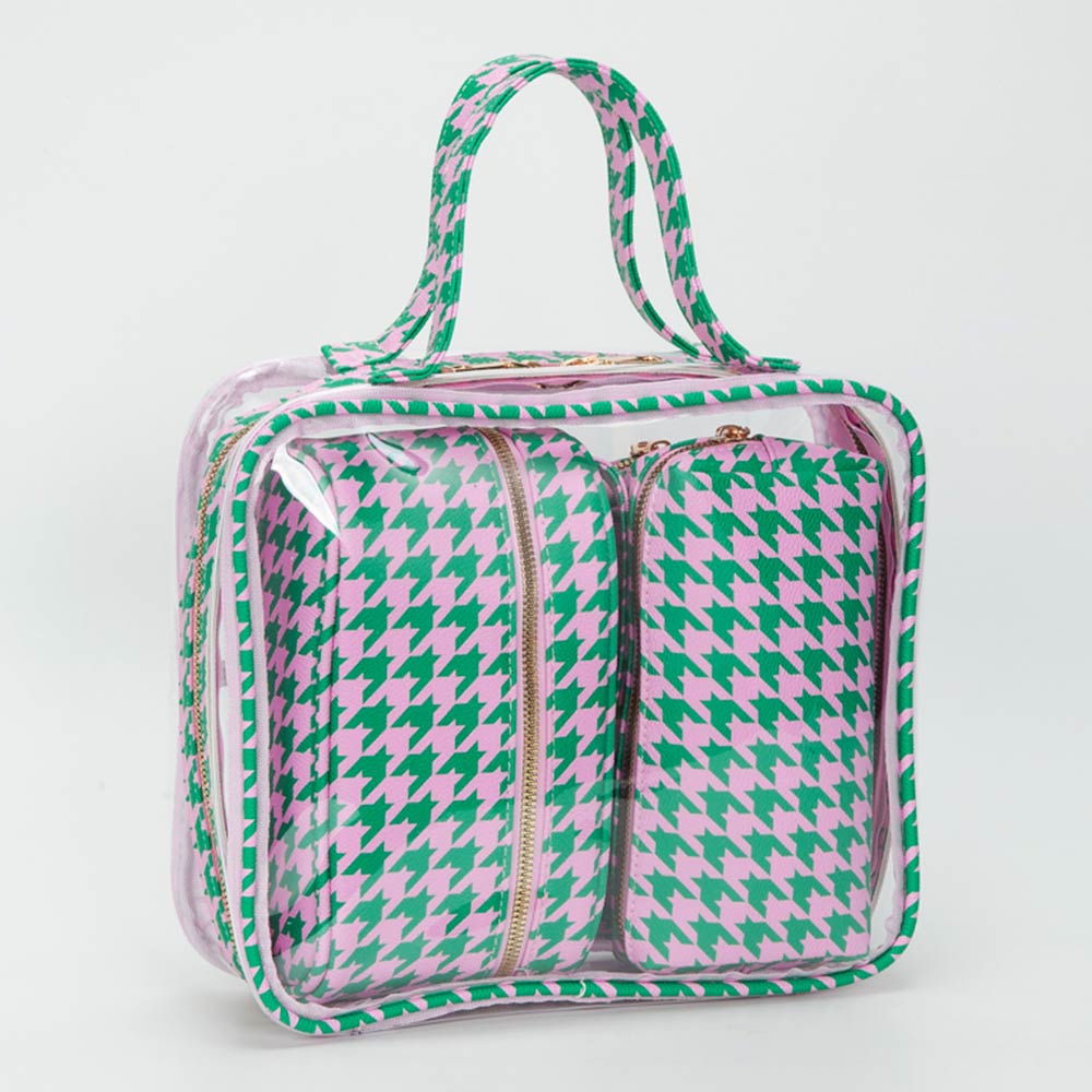 Pink & Green 4PCS - Transparent Faux Leather Travel Cosmetic Bag Set