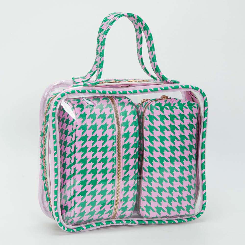 Pink & Green 4PCS - Transparent Faux Leather Travel Cosmetic Bag Set M H W ACCESSORIES LLC Pink & Green 4PCS - Transparent Faux Leather Travel Cosmetic Bag Set