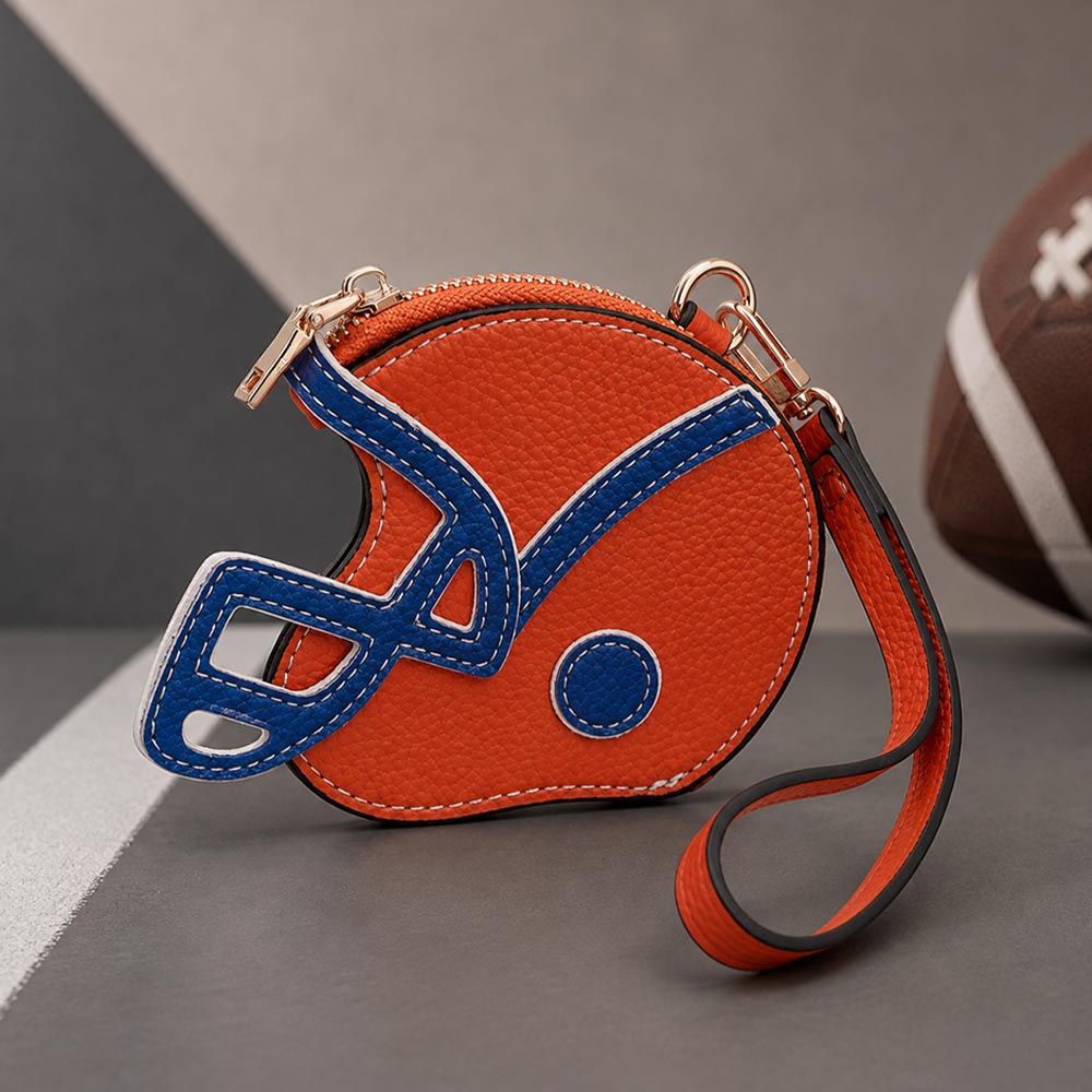 Orange & Blue Faux Leather Football Helmet Wristlet Mini Pouch Bag Coin Purse M H W ACCESSORIES LLC Orange & Blue Faux Leather Football Helmet Wristlet Mini Pouch Bag Coin Purse