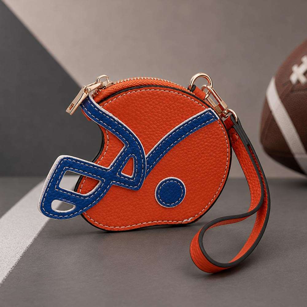 Orange & Blue Faux Leather Football Helmet Wristlet Mini Pouch Bag Coin Purse M H W ACCESSORIES LLC Orange & Blue Faux Leather Football Helmet Wristlet Mini Pouch Bag Coin Purse