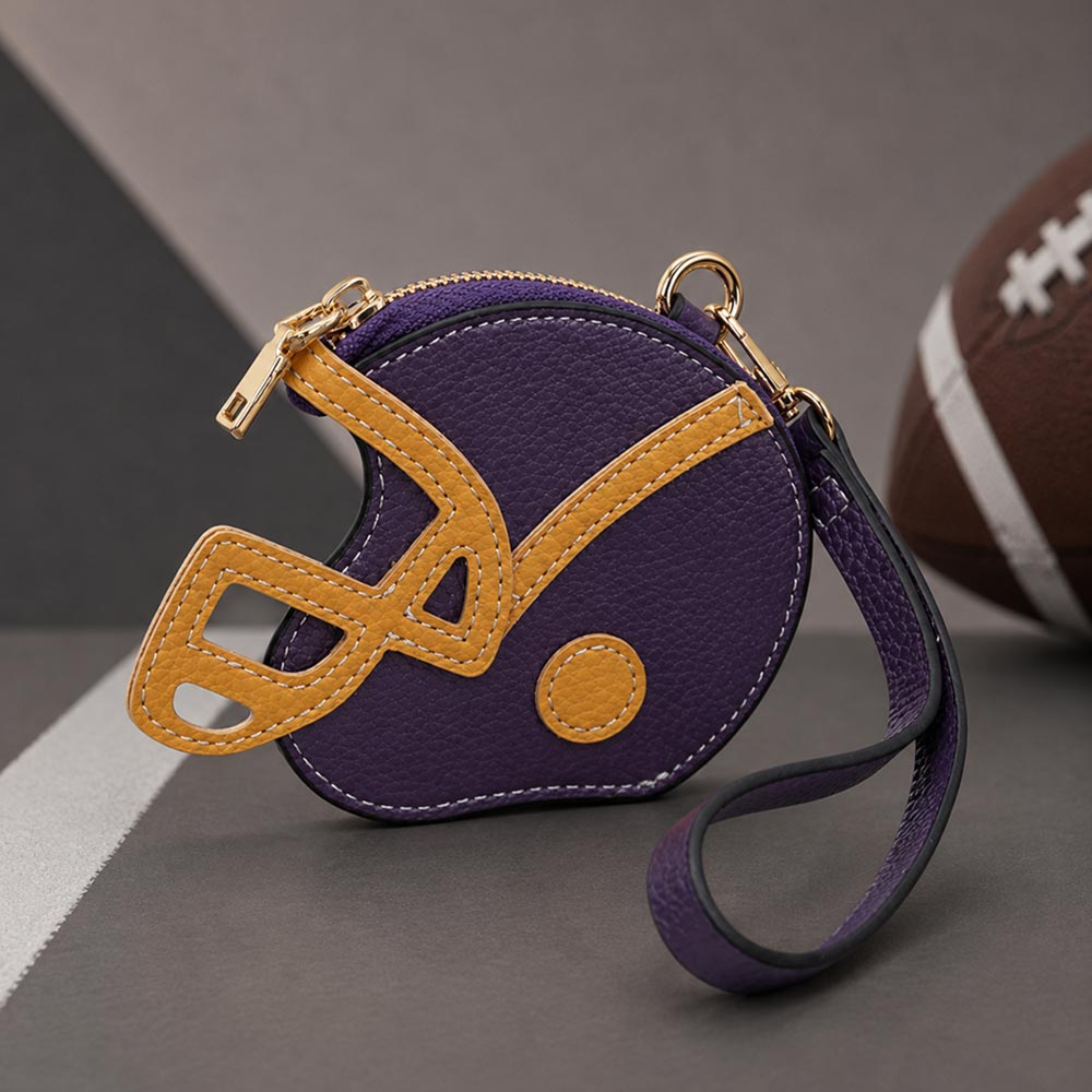 Purple & Gold Faux Leather Football Helmet Wristlet Mini Pouch Bag Coin Purse M H W ACCESSORIES LLC Purple & Gold Faux Leather Football Helmet Wristlet Mini Pouch Bag Coin Purse