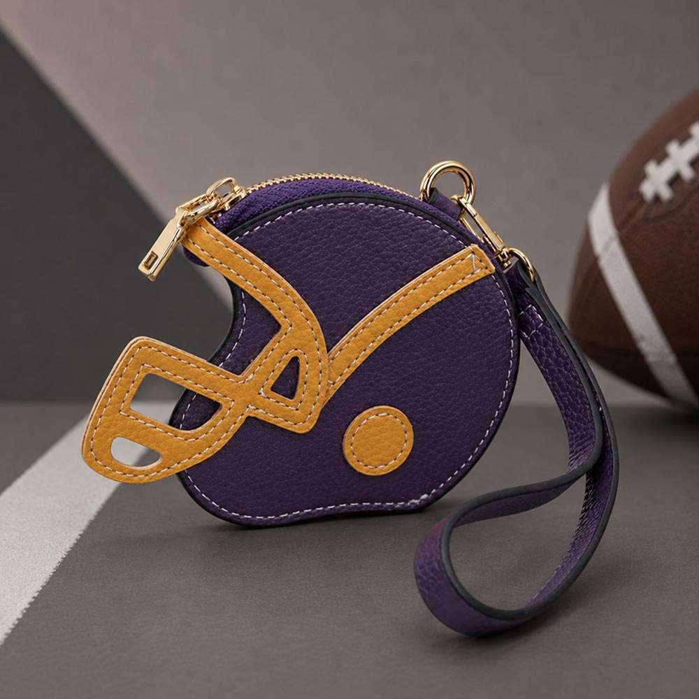 Purple & Gold Faux Leather Football Helmet Wristlet Mini Pouch Bag Coin Purse M H W ACCESSORIES LLC Purple & Gold Faux Leather Football Helmet Wristlet Mini Pouch Bag Coin Purse