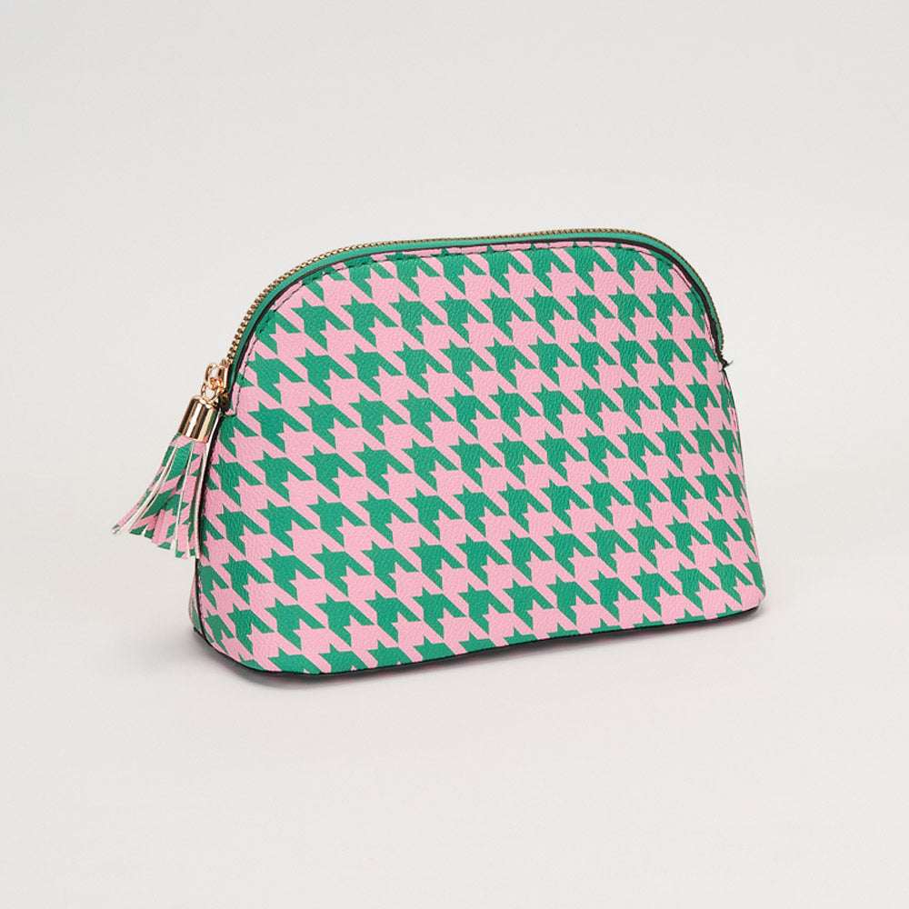 Pink & Green Faux Leather Tassel Zip Around Makeup Pouch Bag M H W ACCESSORIES LLC Pink & Green Faux Leather Tassel Zip Around Makeup Pouch Bag