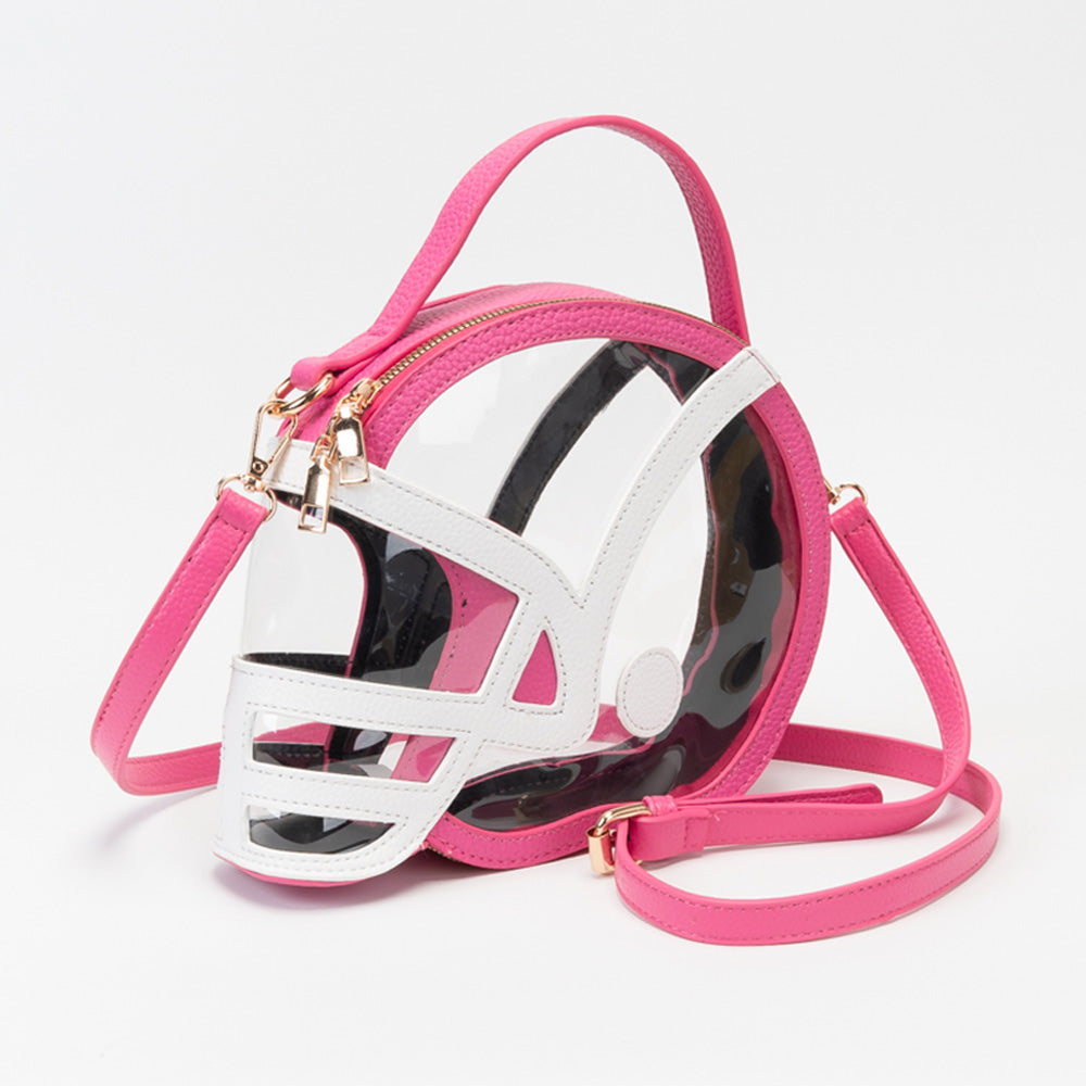 Fuchsia & Glear Transparent Gameday Football Helmet Shaped Crossbody Handbag M H W ACCESSORIES LLC Fuchsia & Glear Transparent Gameday Football Helmet Shaped Crossbody Handbag