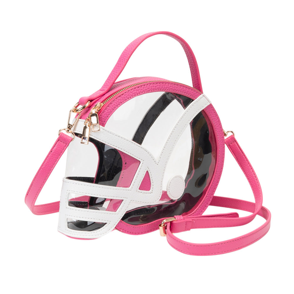 Fuchsia & Glear Transparent Gameday Football Helmet Shaped Crossbody Handbag M H W ACCESSORIES LLC Fuchsia & Glear Transparent Gameday Football Helmet Shaped Crossbody Handbag