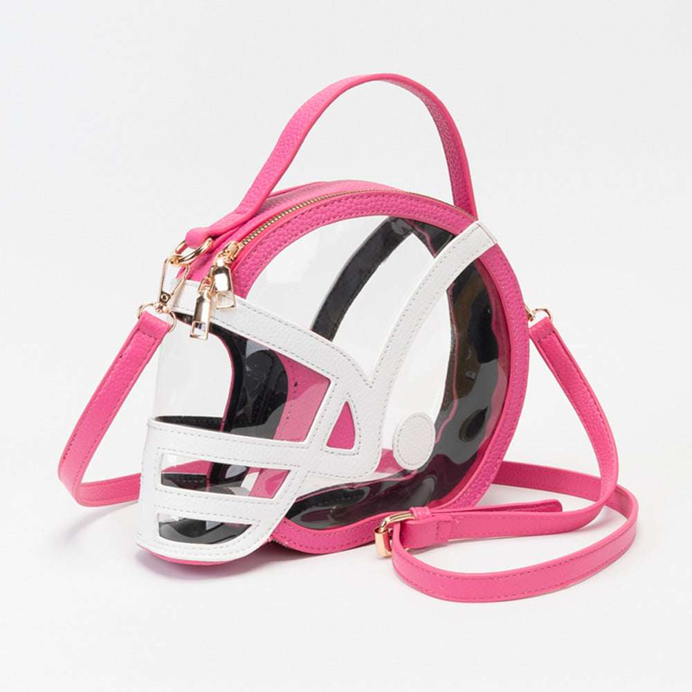 Fuchsia & Glear Transparent Gameday Football Helmet Shaped Crossbody Handbag M H W ACCESSORIES LLC Fuchsia & Glear Transparent Gameday Football Helmet Shaped Crossbody Handbag