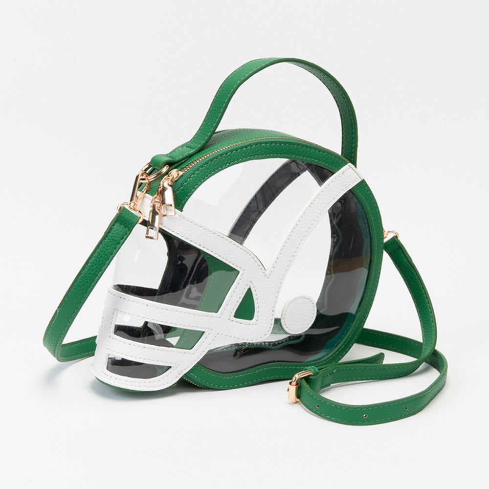 Green Transparent Gameday Football Helmet Shaped Crossbody Handbag M H W ACCESSORIES LLC Green Transparent Gameday Football Helmet Shaped Crossbody Handbag