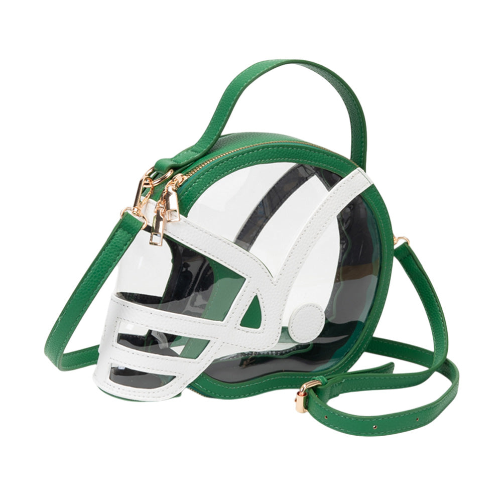 Green Transparent Gameday Football Helmet Shaped Crossbody Handbag M H W ACCESSORIES LLC Green Transparent Gameday Football Helmet Shaped Crossbody Handbag