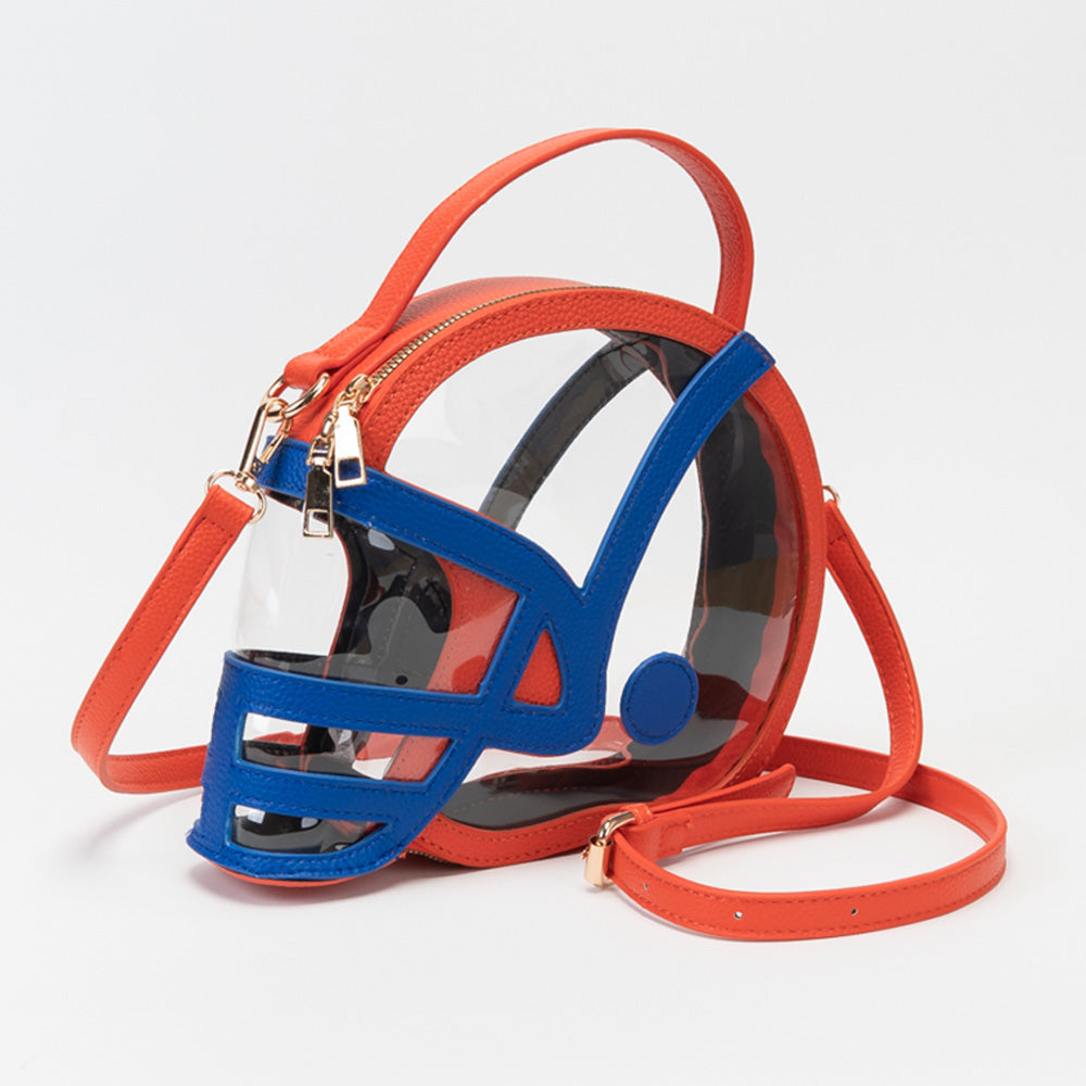 Orange & Blue Transparent Gameday Football Helmet Shaped Crossbody Handbag M H W ACCESSORIES LLC Orange & Blue Transparent Gameday Football Helmet Shaped Crossbody Handbag