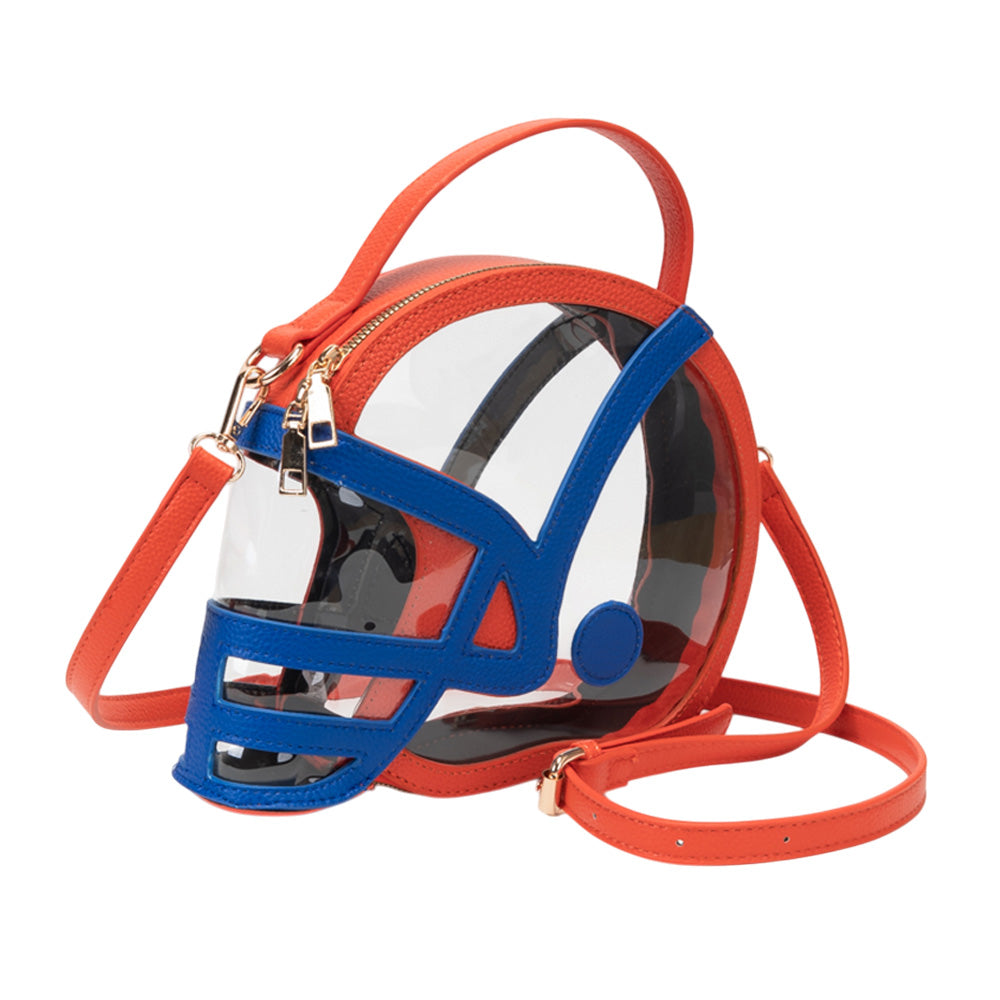 Orange & Blue Transparent Gameday Football Helmet Shaped Crossbody Handbag M H W ACCESSORIES LLC Orange & Blue Transparent Gameday Football Helmet Shaped Crossbody Handbag