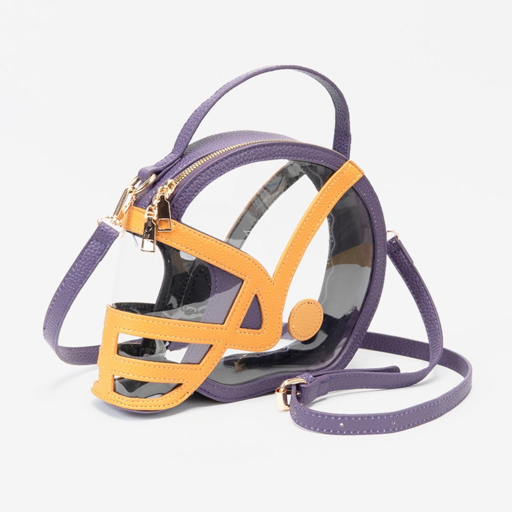 Purple & Gold Transparent Gameday Football Helmet Shaped Crossbody Handbag M H W ACCESSORIES LLC Purple & Gold Transparent Gameday Football Helmet Shaped Crossbody Handbag
