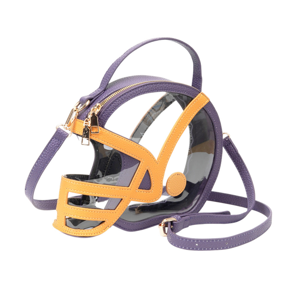 Purple & Gold Transparent Gameday Football Helmet Shaped Crossbody Handbag M H W ACCESSORIES LLC Purple & Gold Transparent Gameday Football Helmet Shaped Crossbody Handbag