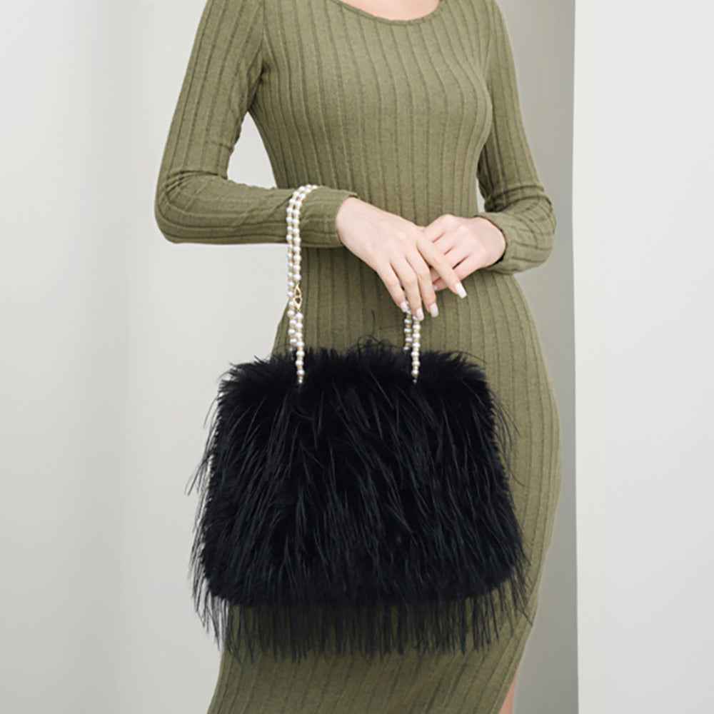 Black Fluffy Fuzzy Faux Fur Pearl Strap Shoulder Bag