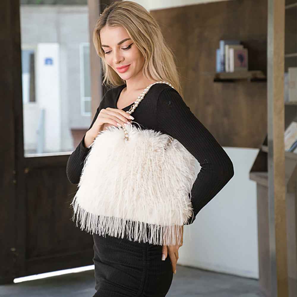Ivory  Fluffy Fuzzy Faux Fur Pearl Strap Shoulder Bag
