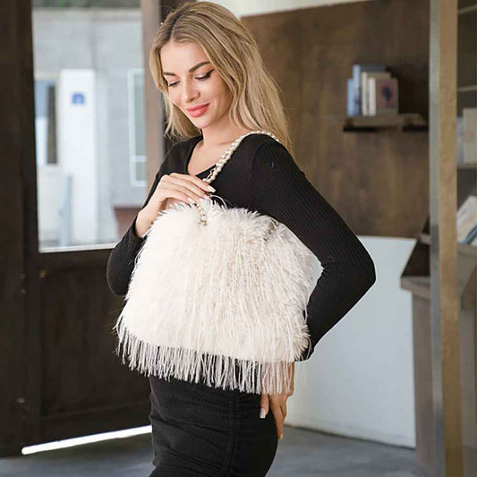 Ivory  Fluffy Fuzzy Faux Fur Pearl Strap Shoulder Bag