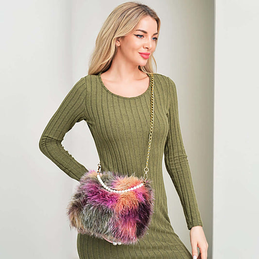 Multi-Pearl and Chain Strap Fluffy Fuzzy Faux Fur Handbag / Crossbody Bag - M H W ACCESSORIES LLC