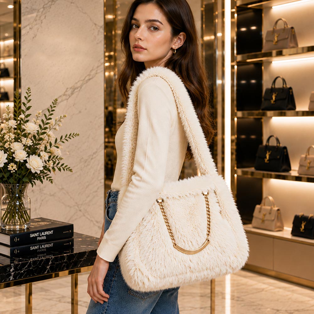 Solid Plush Ivory Faux Fur Elegant Shoulder Tote Bag M H W ACCESSORIES LLC Solid Plush Ivory Faux Fur Elegant Shoulder Tote Bag