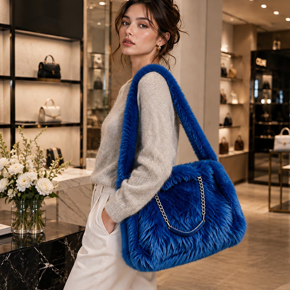 Solid Plush Royal Blue Faux Fur Elegant Shoulder Tote Bag for Women M H W ACCESSORIES LLC Solid Plush Royal Blue Faux Fur Elegant Shoulder Tote Bag for Women