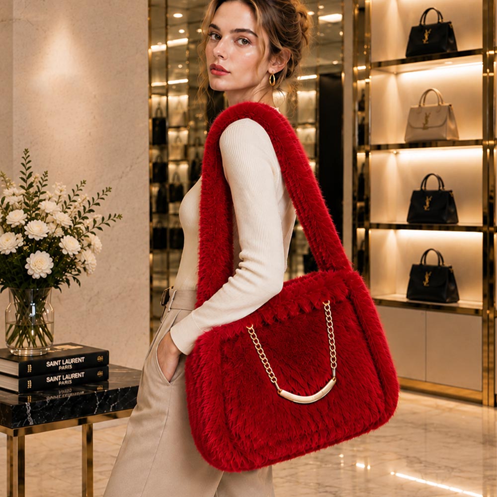 Solid Plush Red Faux Fur Elegant Shoulder Tote Bag for Women M H W ACCESSORIES LLC Solid Plush Red Faux Fur Elegant Shoulder Tote Bag for Women