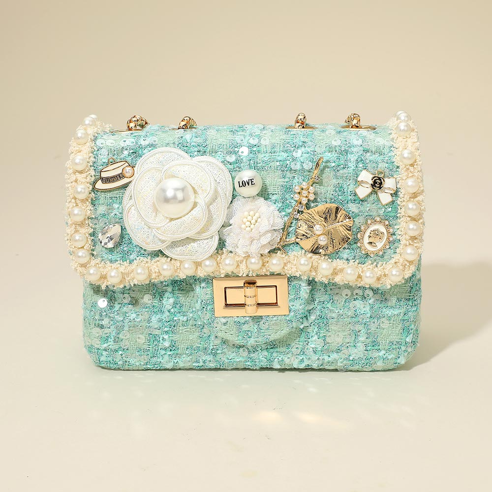 Floral Pearl Cluster Leaf Embellished  Blue Tweed Handbag Crossbody Bag