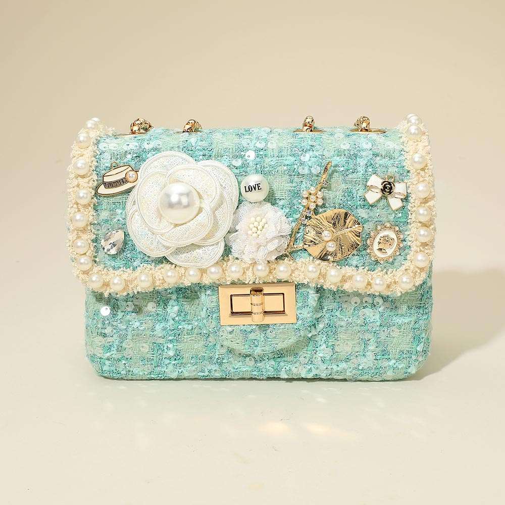 Floral Pearl Cluster Leaf Embellished  Blue Tweed Handbag Crossbody Bag M H W ACCESSORIES LLC Floral Pearl Cluster Leaf Embellished  Blue Tweed Handbag Crossbody Bag