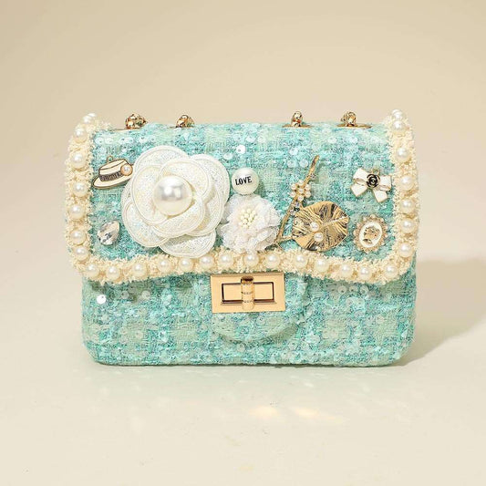 Floral Pearl Cluster Leaf Embellished  Blue Tweed Handbag Crossbody Bag M H W ACCESSORIES LLC Floral Pearl Cluster Leaf Embellished  Blue Tweed Handbag Crossbody Bag