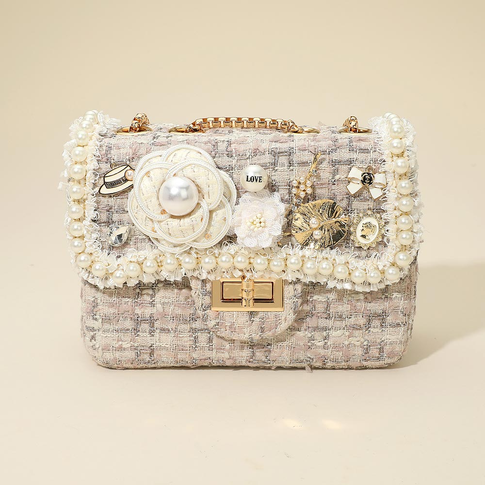 Floral Pearl Cluster Leaf Embellished  Ivory Tweed Handbag Crossbody Bag