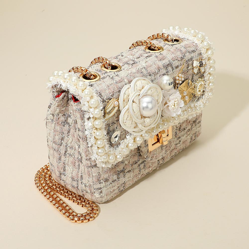 Floral Pearl Cluster Leaf Embellished  Ivory Tweed Handbag Crossbody Bag