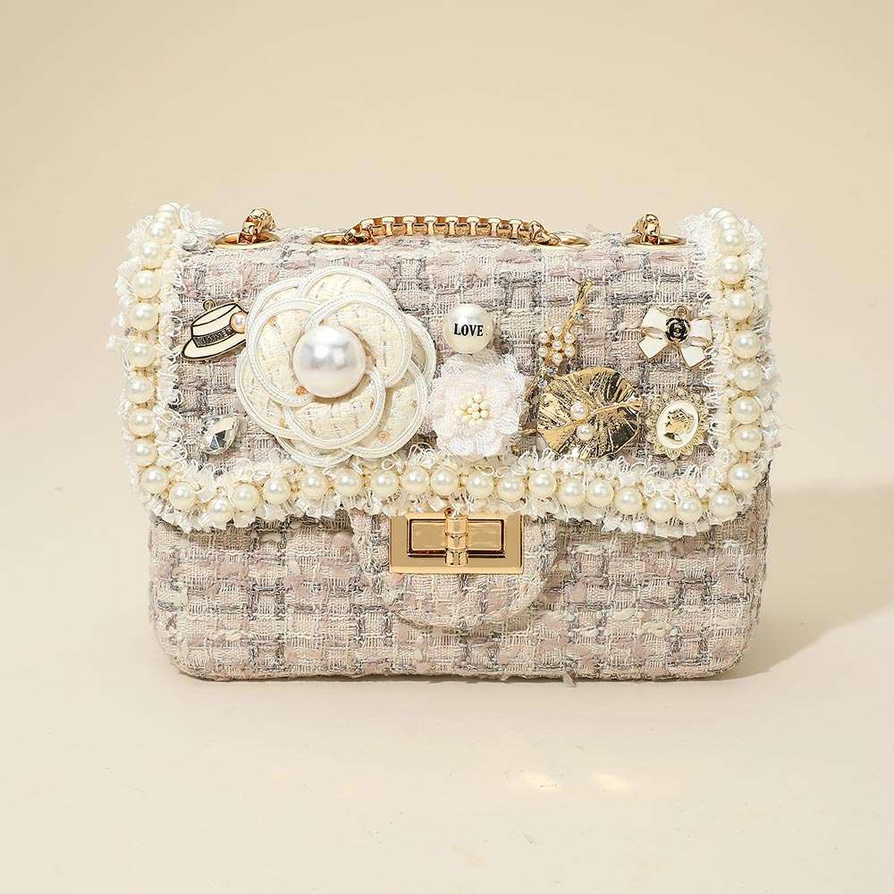 Floral Pearl Cluster Leaf Embellished  Ivory Tweed Handbag Crossbody Bag M H W ACCESSORIES LLC Floral Pearl Cluster Leaf Embellished  Ivory Tweed Handbag Crossbody Bag