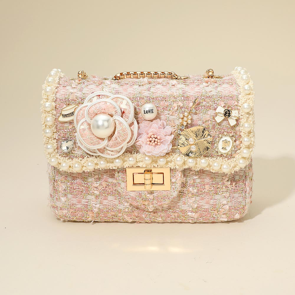 Floral Pearl Cluster Leaf Embellished  Pink Tweed Handbag Crossbody Bag