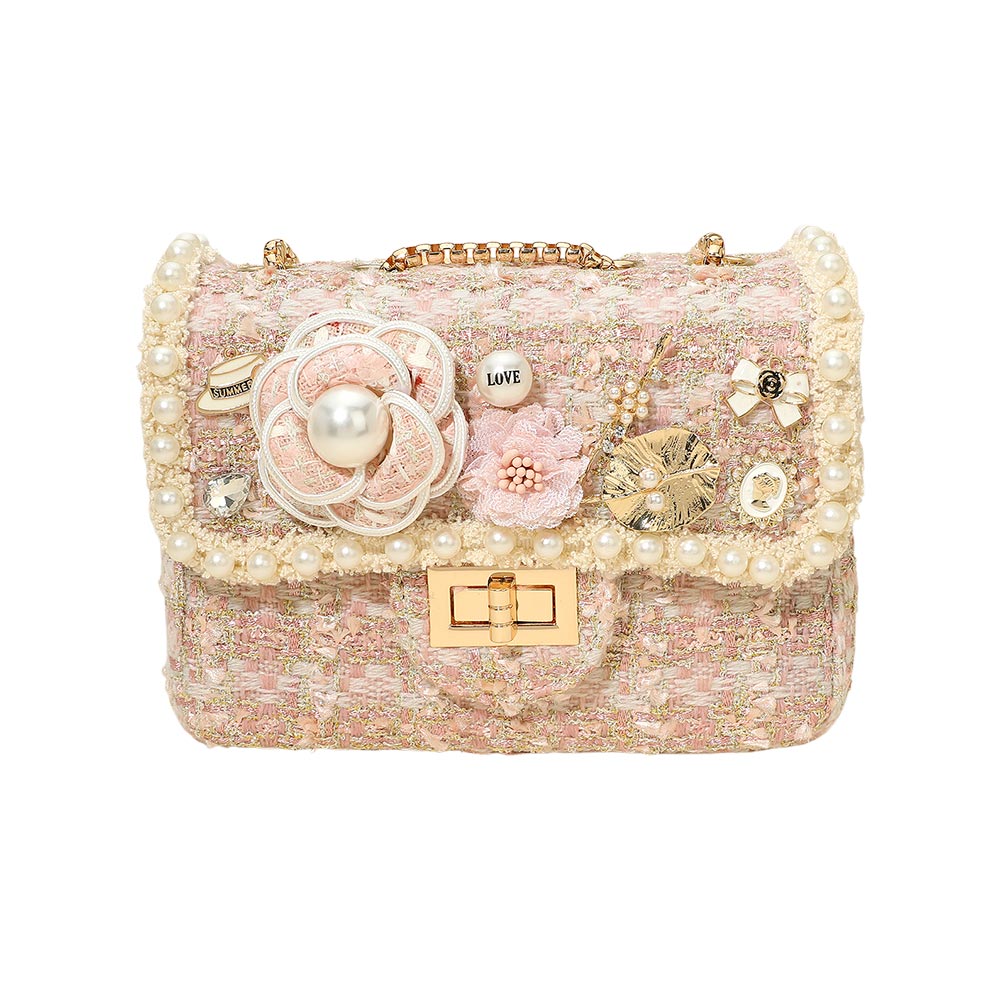 Floral Pearl Cluster Leaf Embellished  Pink Tweed Handbag Crossbody Bag