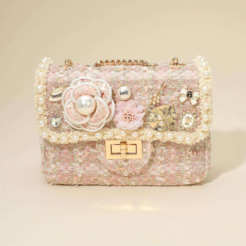 Floral Pearl Cluster Leaf Embellished  Pink Tweed Handbag Crossbody Bag M H W ACCESSORIES LLC Floral Pearl Cluster Leaf Embellished  Pink Tweed Handbag Crossbody Bag