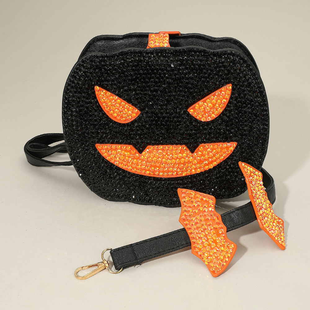 Bling Studded Halloween Pumpkin Black Face Bat Strap Crossbody Bag M H W ACCESSORIES LLC Bling Studded Halloween Pumpkin Black Face Bat Strap Crossbody Bag