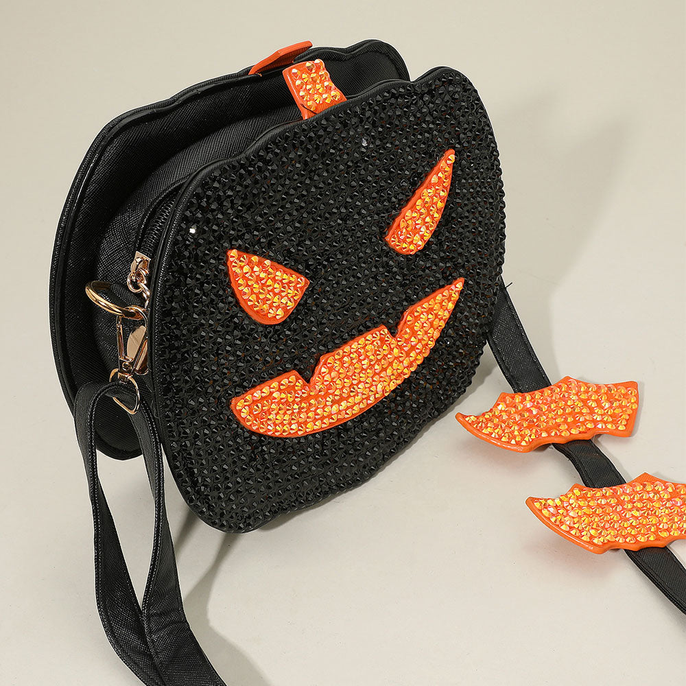 Bling Studded Halloween Pumpkin Black Face Bat Strap Crossbody Bag M H W ACCESSORIES LLC Bling Studded Halloween Pumpkin Black Face Bat Strap Crossbody Bag