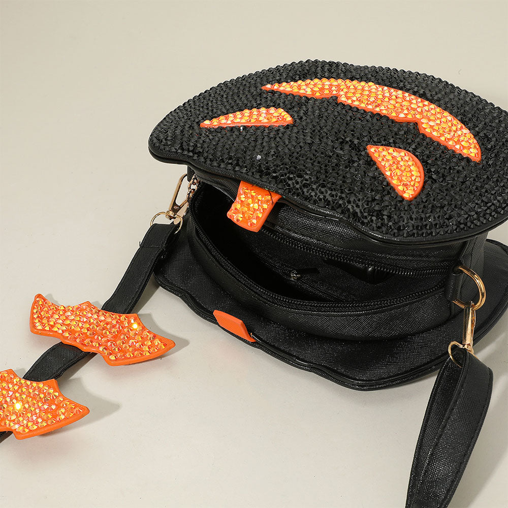 Bling Studded Halloween Pumpkin Black Face Bat Strap Crossbody Bag M H W ACCESSORIES LLC Bling Studded Halloween Pumpkin Black Face Bat Strap Crossbody Bag