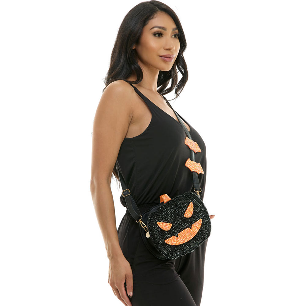 Bling Studded Halloween Pumpkin Black Face Bat Strap Crossbody Bag M H W ACCESSORIES LLC Bling Studded Halloween Pumpkin Black Face Bat Strap Crossbody Bag