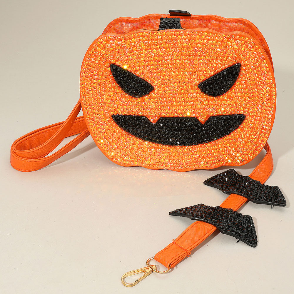 Bling Studded Halloween Pumpkin Orange Face Bat Strap Crossbody Bag M H W ACCESSORIES LLC Bling Studded Halloween Pumpkin Orange Face Bat Strap Crossbody Bag