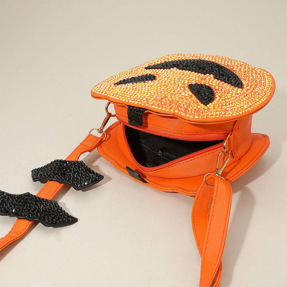 Bling Studded Halloween Pumpkin Orange Face Bat Strap Crossbody Bag M H W ACCESSORIES LLC Bling Studded Halloween Pumpkin Orange Face Bat Strap Crossbody Bag
