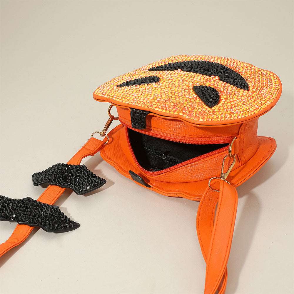 Bling Studded Halloween Pumpkin Orange Face Bat Strap Crossbody Bag M H W ACCESSORIES LLC Bling Studded Halloween Pumpkin Orange Face Bat Strap Crossbody Bag