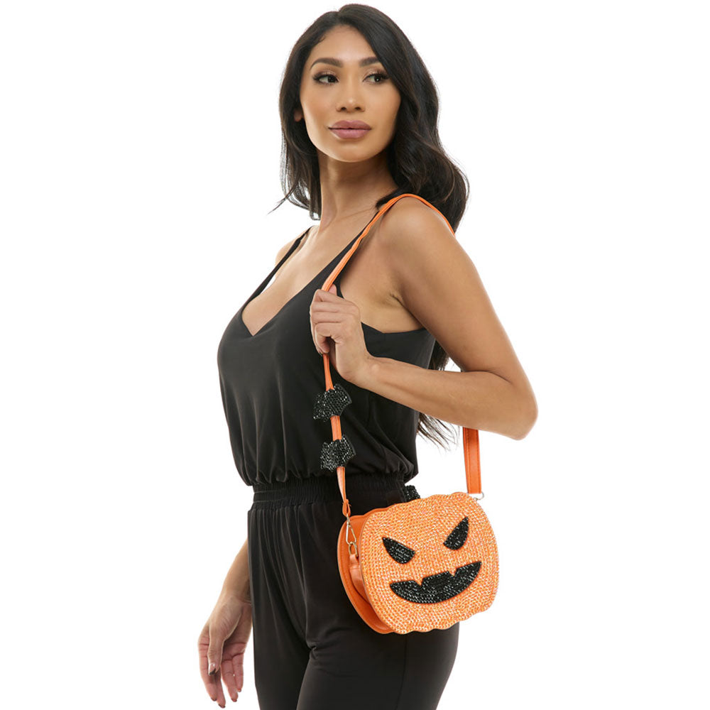Bling Studded Halloween Pumpkin Orange Face Bat Strap Crossbody Bag M H W ACCESSORIES LLC Bling Studded Halloween Pumpkin Orange Face Bat Strap Crossbody Bag