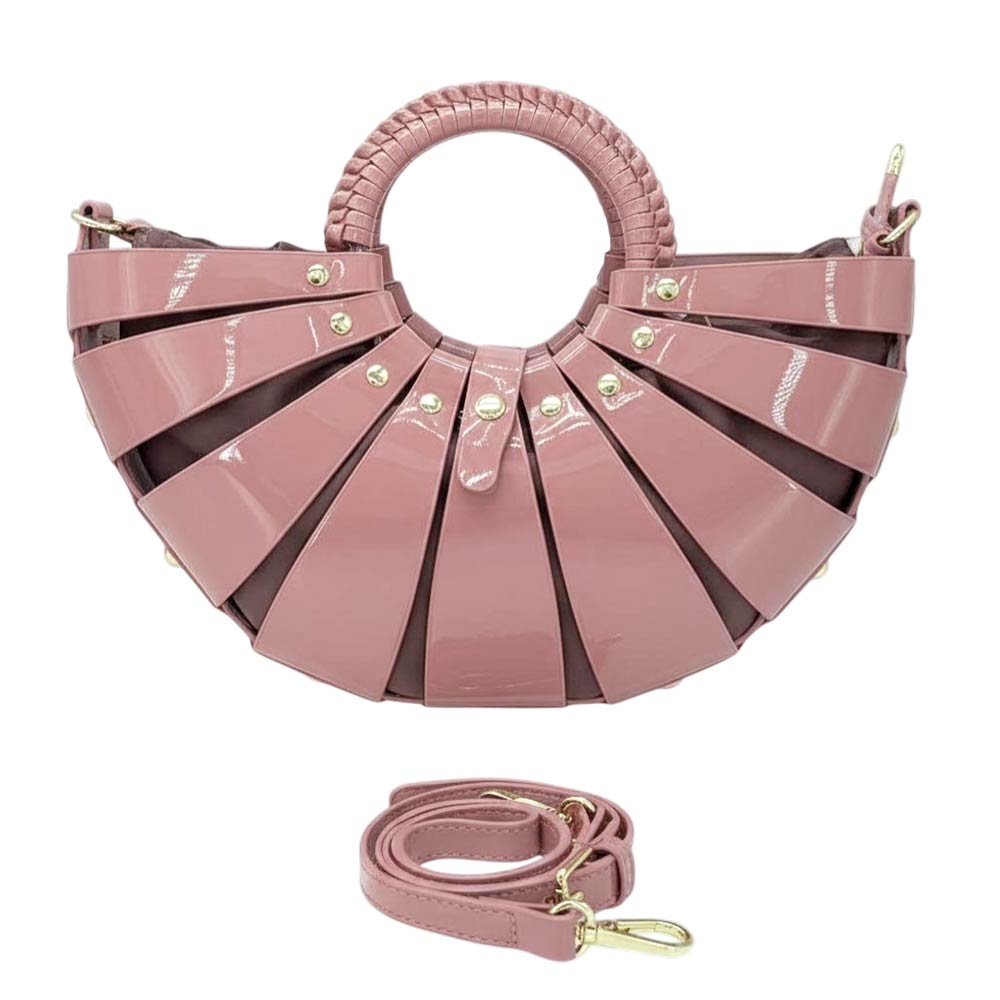 Pink Fan Shaped Faux Leather Abstract Structured Top Handle Crossbody Handbag